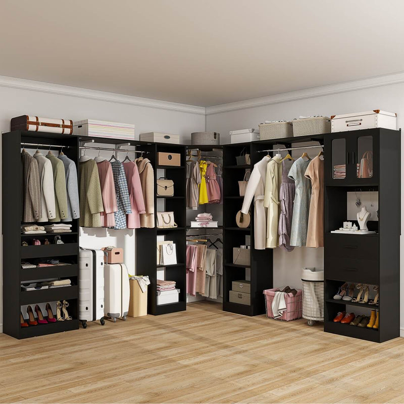 100-inch Walk-in Closet System with 3 Sets, Wardrobe with Corner, Drawers & Hanging Rods