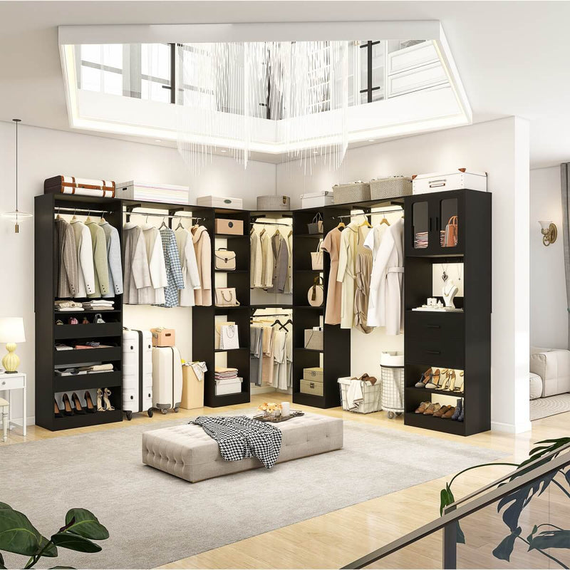 100-inch Walk-in Closet System with 3 Sets, Wardrobe with Corner, Drawers & Hanging Rods