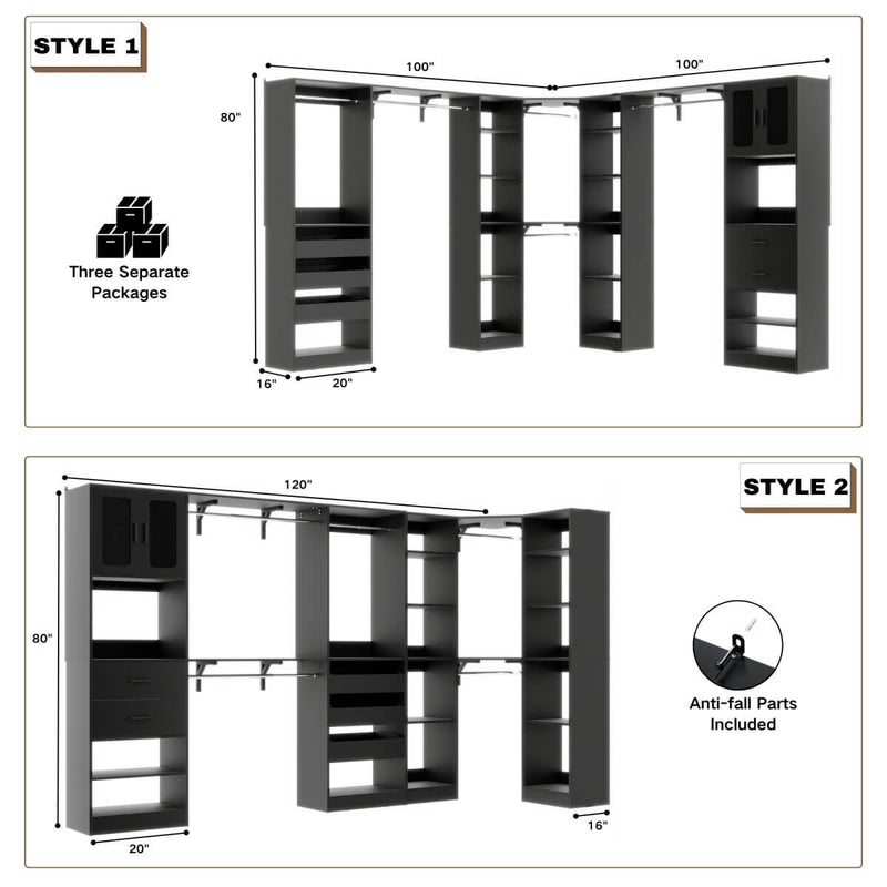 100-inch Walk-in Closet System with 3 Sets, Wardrobe with Corner, Drawers & Hanging Rods