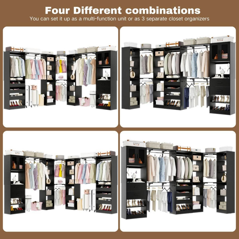 100-inch Walk-in Closet System with 3 Sets, Wardrobe with Corner, Drawers & Hanging Rods
