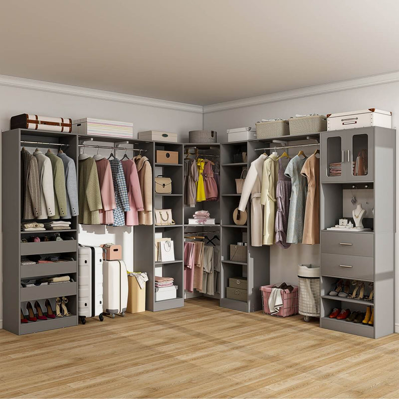 100-inch Walk-in Closet System with 3 Sets, Wardrobe with Corner, Drawers & Hanging Rods