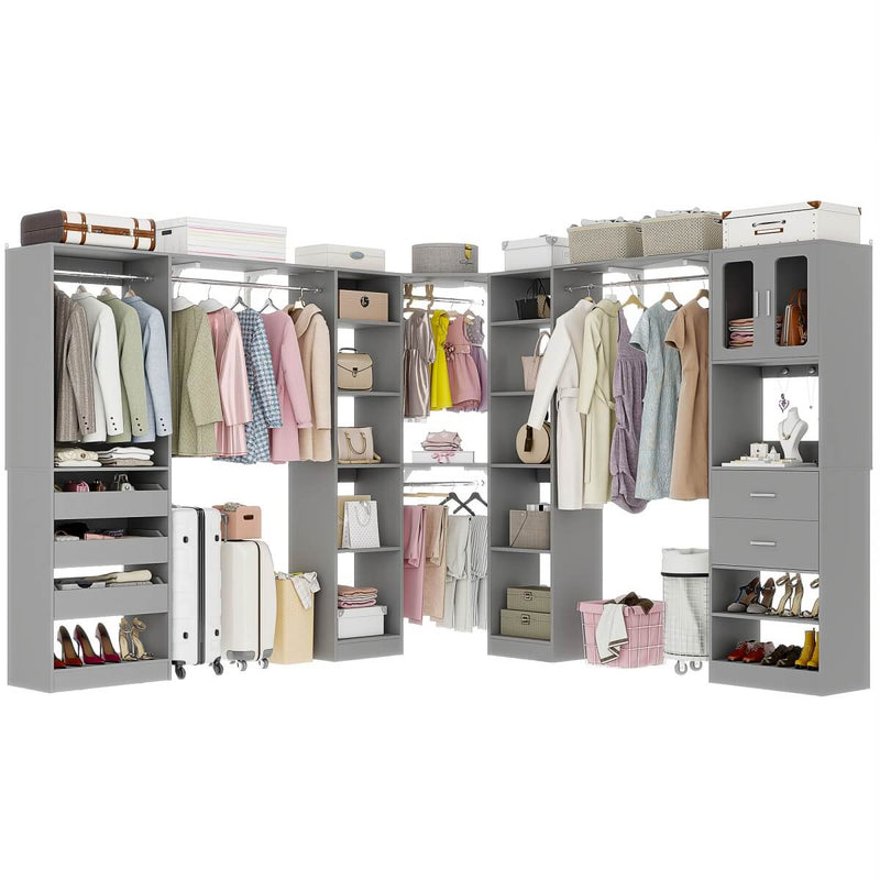 100-inch Walk-in Closet System with 3 Sets, Wardrobe with Corner, Drawers & Hanging Rods