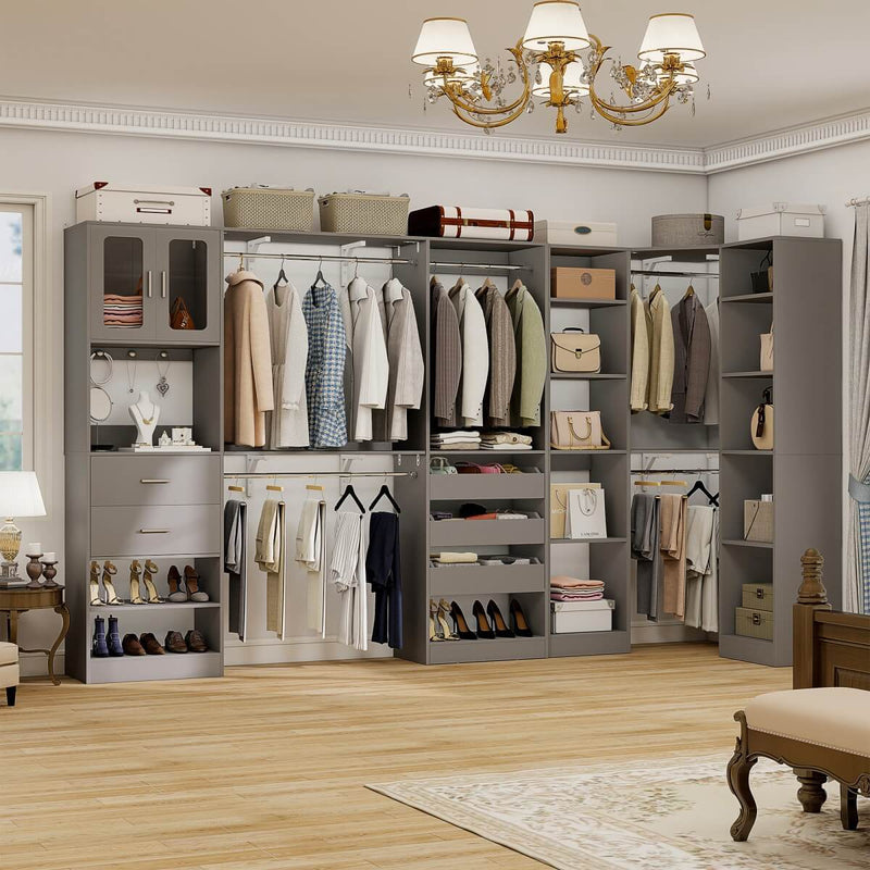 100-inch Walk-in Closet System with 3 Sets, Wardrobe with Corner, Drawers & Hanging Rods