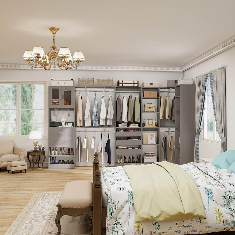 100-inch Walk-in Closet System with 3 Sets, Wardrobe with Corner, Drawers & Hanging Rods