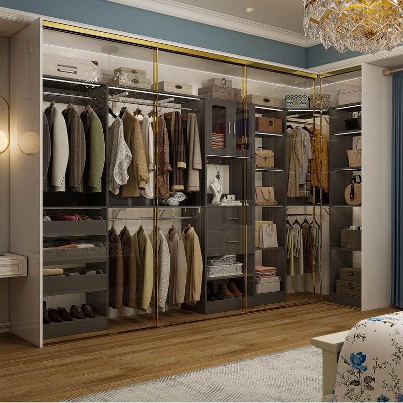 100-inch Walk-in Closet System with 3 Sets, Wardrobe with Corner, Drawers & Hanging Rods