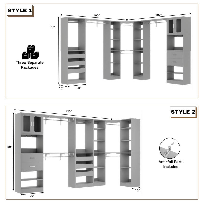 100-inch Walk-in Closet System with 3 Sets, Wardrobe with Corner, Drawers & Hanging Rods