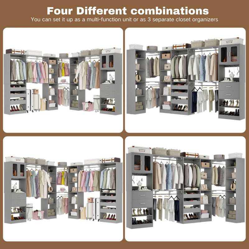 100-inch Walk-in Closet System with 3 Sets, Wardrobe with Corner, Drawers & Hanging Rods