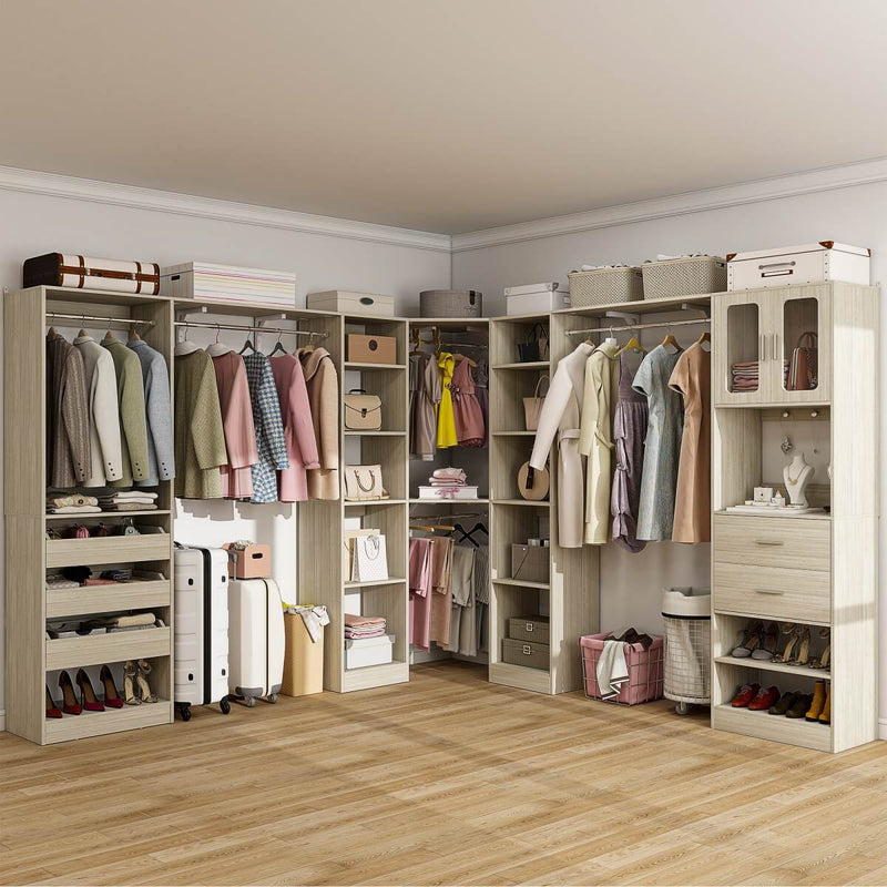 100-inch Walk-in Closet System with 3 Sets, Wardrobe with Corner, Drawers & Hanging Rods