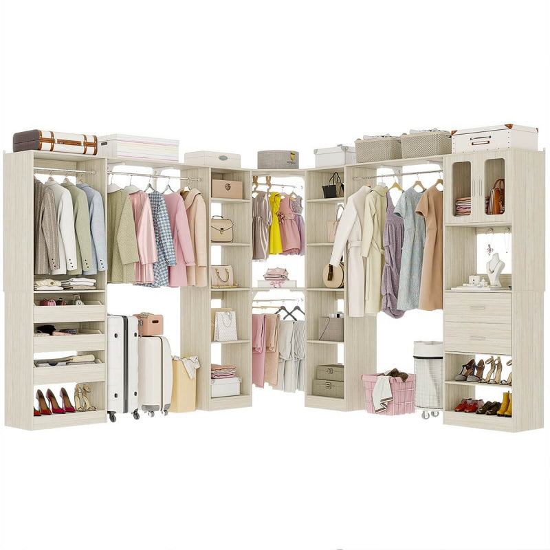 100-inch Walk-in Closet System with 3 Sets, Wardrobe with Corner, Drawers & Hanging Rods