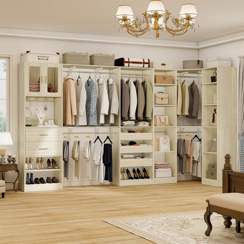 100-inch Walk-in Closet System with 3 Sets, Wardrobe with Corner, Drawers & Hanging Rods