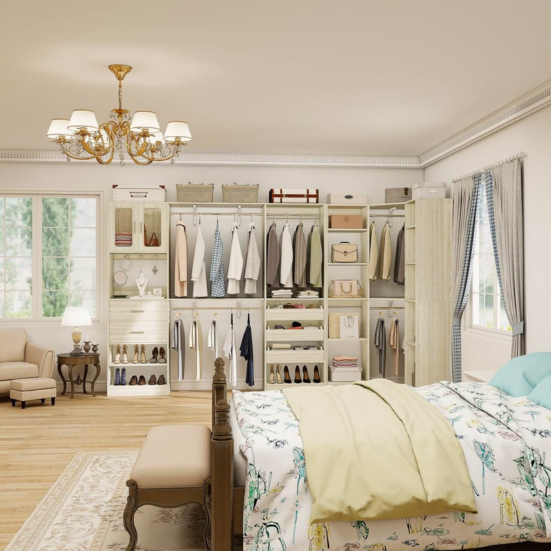 100-inch Walk-in Closet System with 3 Sets, Wardrobe with Corner, Drawers & Hanging Rods