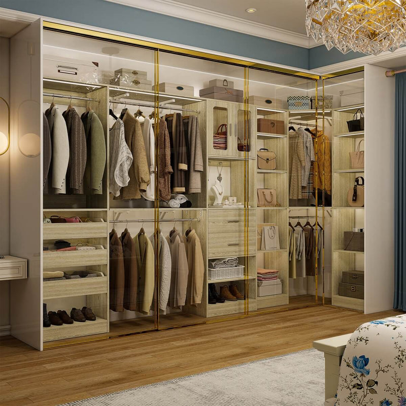 100-inch Walk-in Closet System with 3 Sets, Wardrobe with Corner, Drawers & Hanging Rods