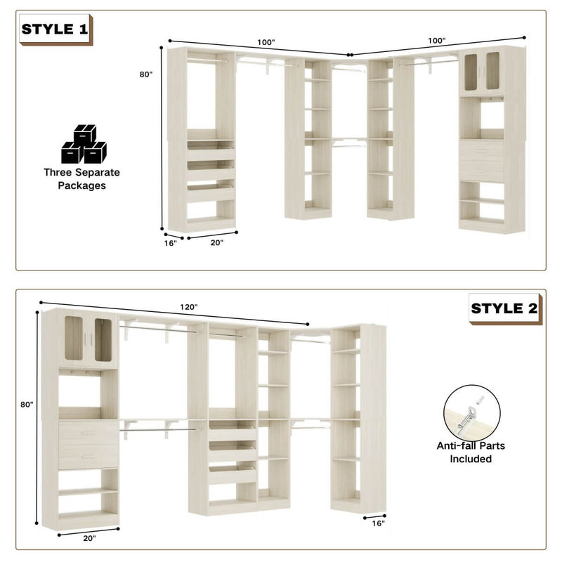 100-inch Walk-in Closet System with 3 Sets, Wardrobe with Corner, Drawers & Hanging Rods