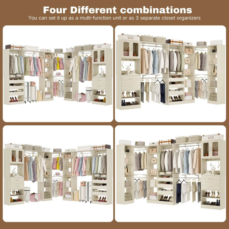 100-inch Walk-in Closet System with 3 Sets, Wardrobe with Corner, Drawers & Hanging Rods