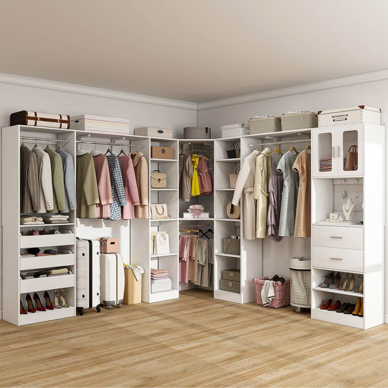 100-inch Walk-in Closet System with 3 Sets, Wardrobe with Corner, Drawers & Hanging Rods