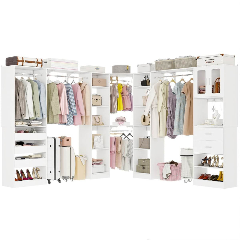 100-inch Walk-in Closet System with 3 Sets, Wardrobe with Corner, Drawers & Hanging Rods