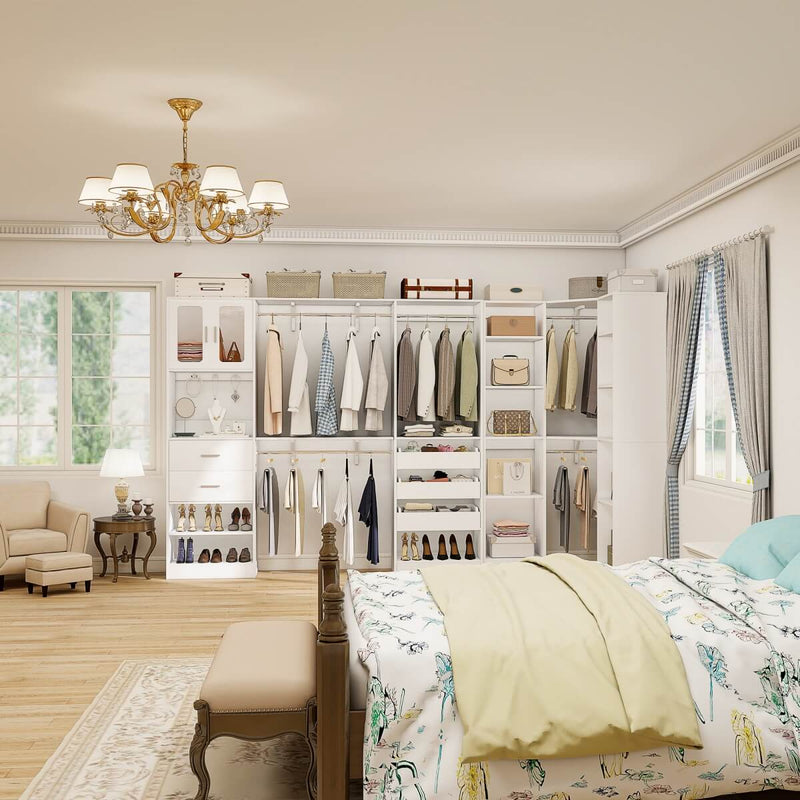 100-inch Walk-in Closet System with 3 Sets, Wardrobe with Corner, Drawers & Hanging Rods