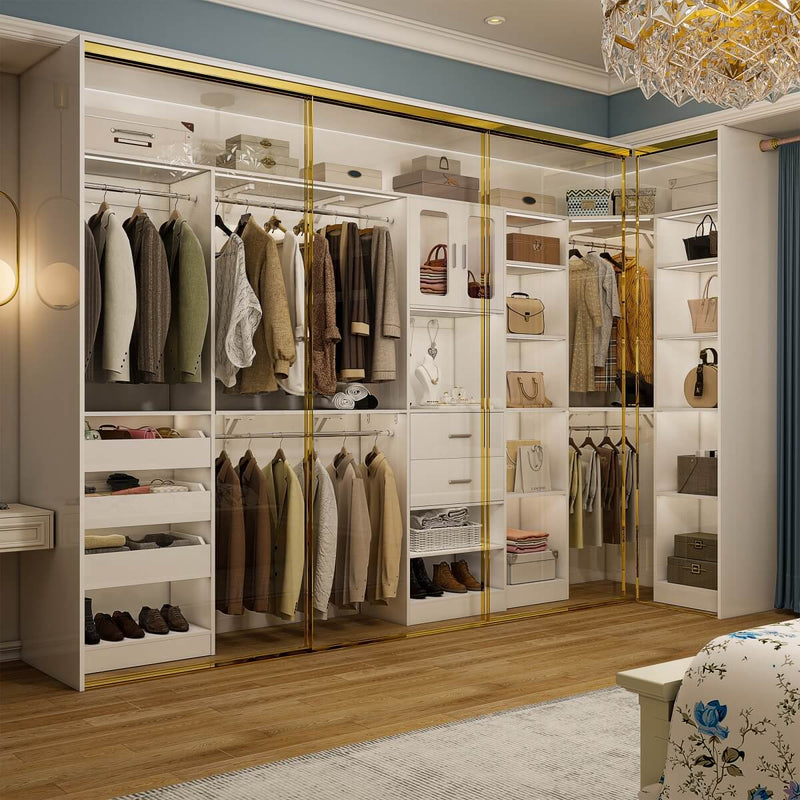 100-inch Walk-in Closet System with 3 Sets, Wardrobe with Corner, Drawers & Hanging Rods