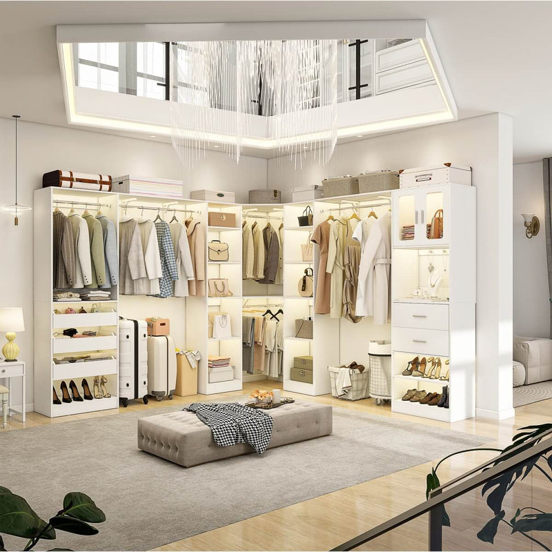 100-inch Walk-in Closet System with 3 Sets, Wardrobe with Corner, Drawers & Hanging Rods
