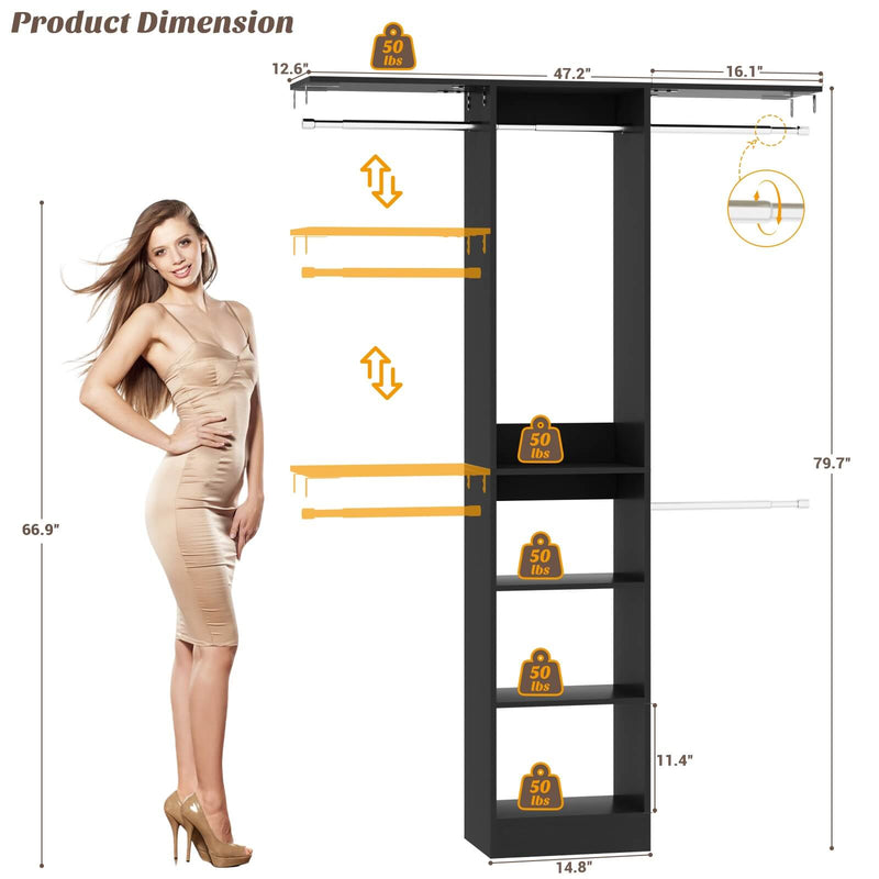 4FT Small Closet Organizer with Shelves and Hanging Rods