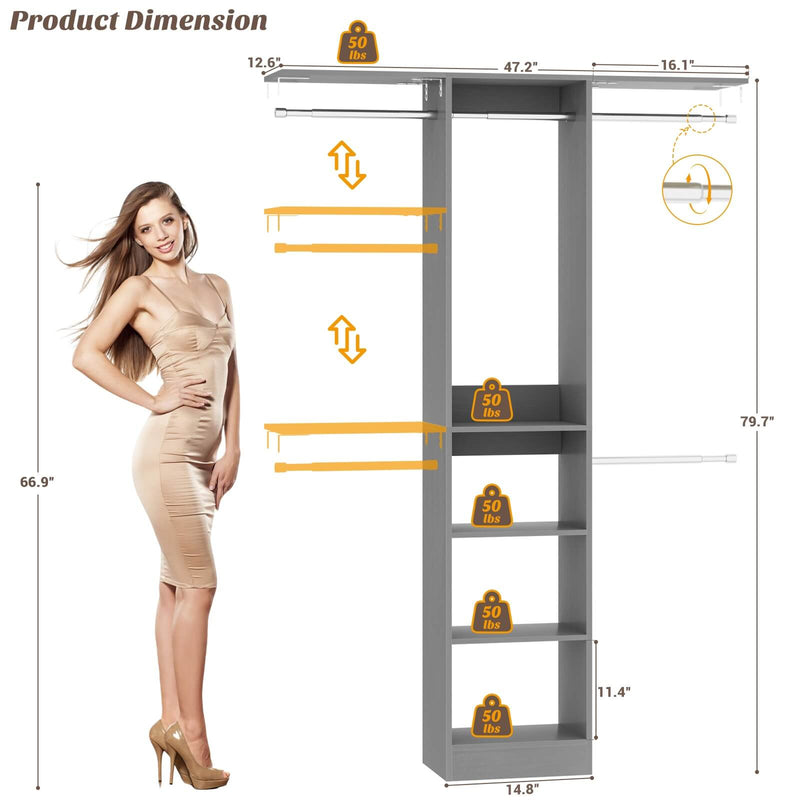 4FT Small Closet Organizer with Shelves and Hanging Rods
