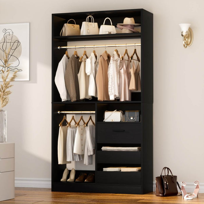 Walk-in Closet System with 3 Wooden Drawers & 2 Hanging Rods, 36"L x 80"H x 16"W
