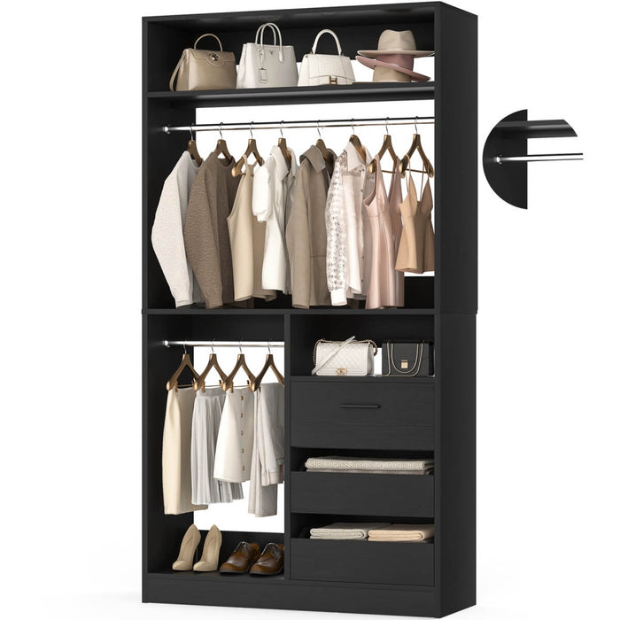 Walk-in Closet System with 3 Wooden Drawers & 2 Hanging Rods, 36"L x 80"H x 16"W