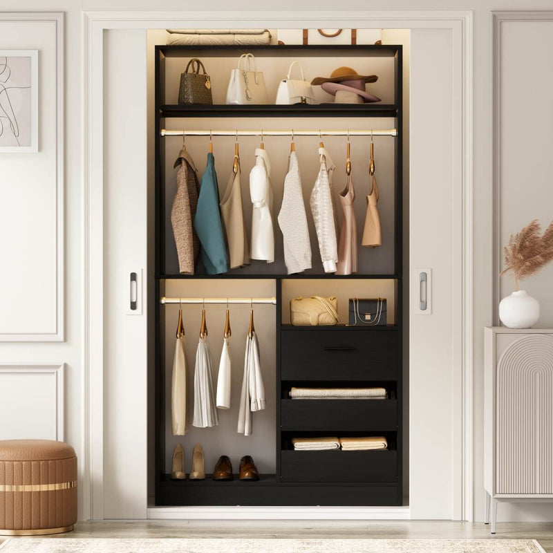 Walk-in Closet System with 3 Wooden Drawers & 2 Hanging Rods, 36"L x 80"H x 16"W
