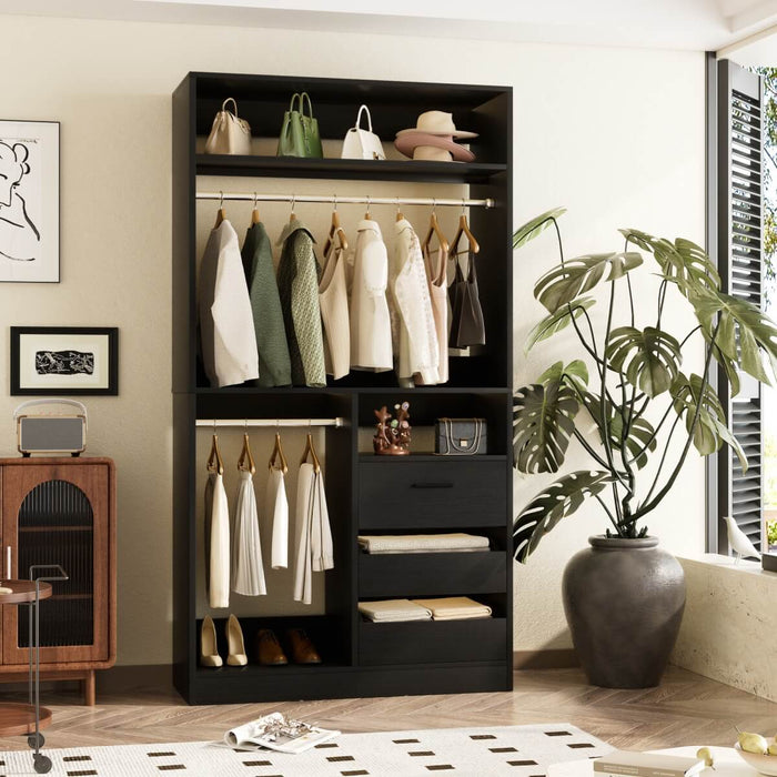 Walk-in Closet System with 3 Wooden Drawers & 2 Hanging Rods, 36"L x 80"H x 16"W