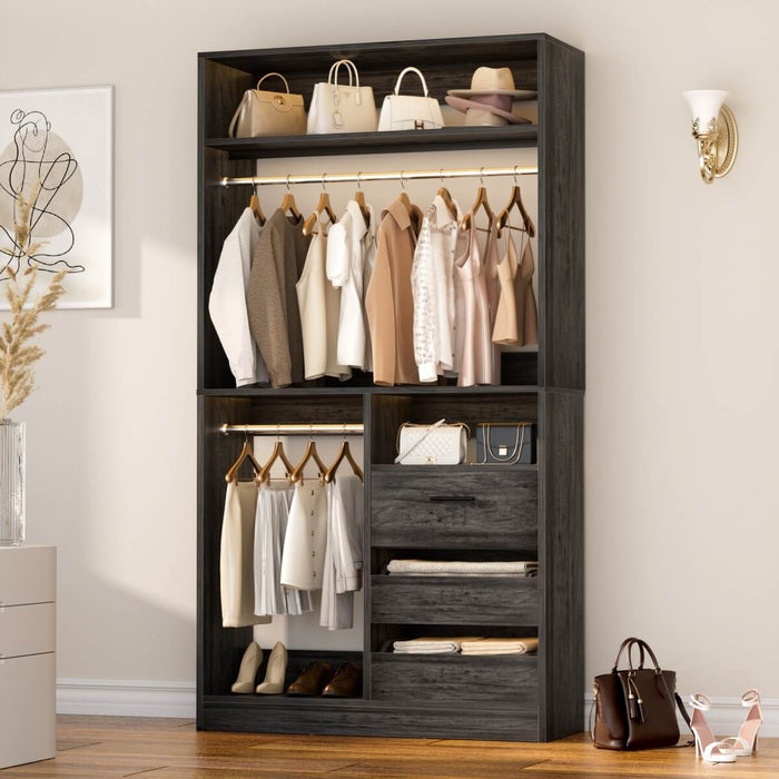 Walk-in Closet System with 3 Wooden Drawers & 2 Hanging Rods, 36"L x 80"H x 16"W