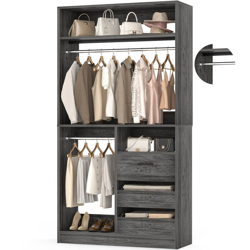 Walk-in Closet System with 3 Wooden Drawers & 2 Hanging Rods, 36"L x 80"H x 16"W