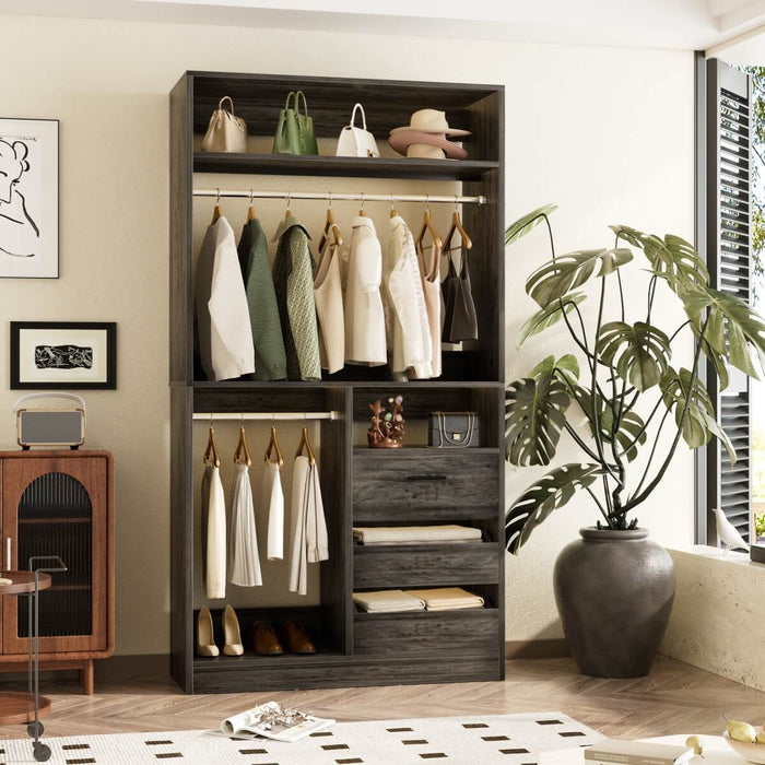 Walk-in Closet System with 3 Wooden Drawers & 2 Hanging Rods, 36"L x 80"H x 16"W