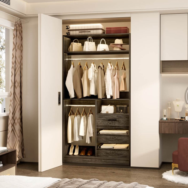 Walk-in Closet System with 3 Wooden Drawers & 2 Hanging Rods, 36"L x 80"H x 16"W