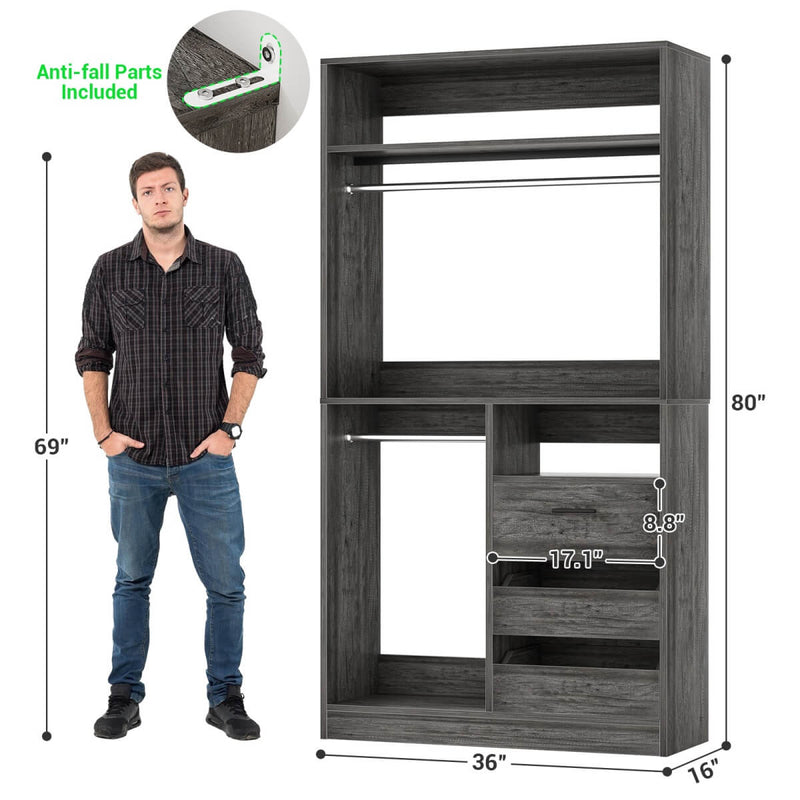 Walk-in Closet System with 3 Wooden Drawers & 2 Hanging Rods, 36"L x 80"H x 16"W