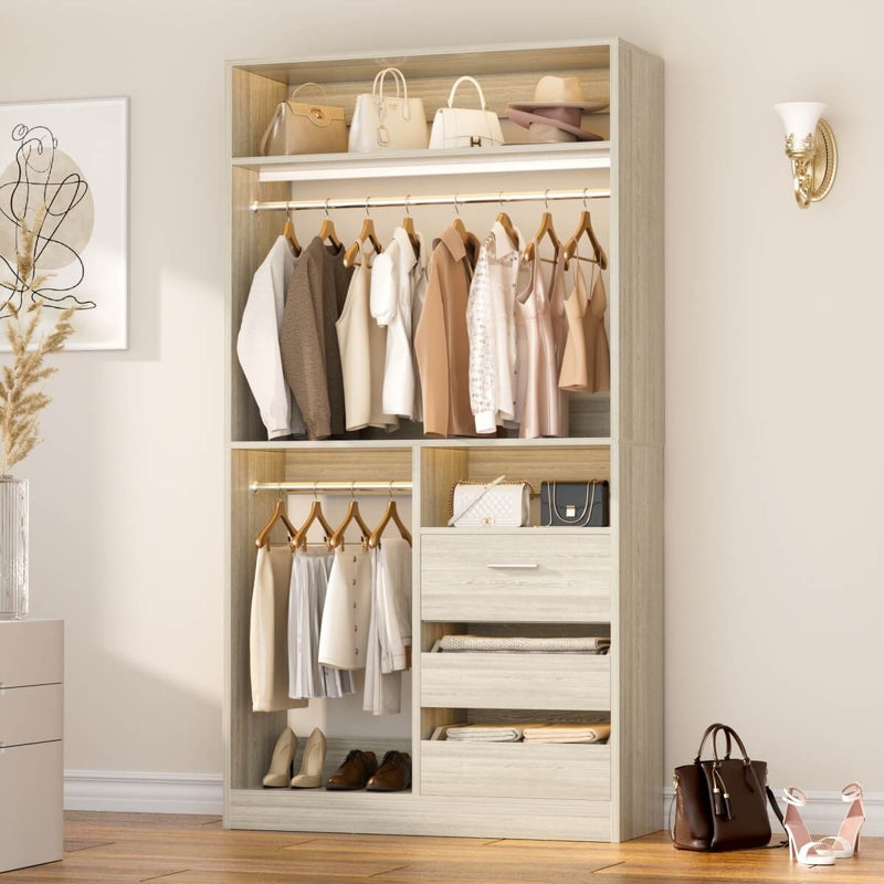 Walk-in Closet System with 3 Wooden Drawers & 2 Hanging Rods, 36"L x 80"H x 16"W