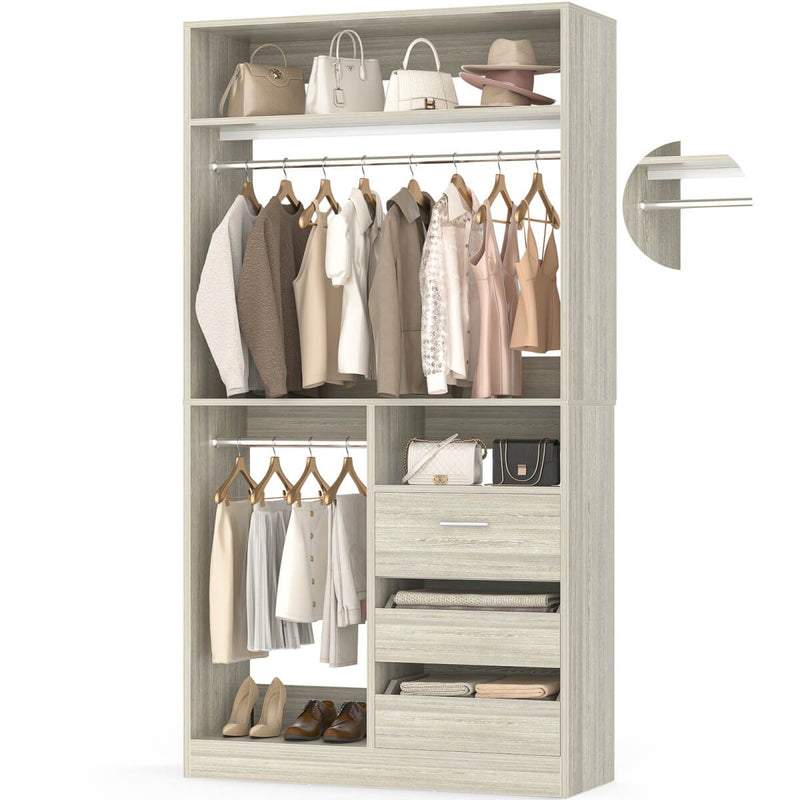 Walk-in Closet System with 3 Wooden Drawers & 2 Hanging Rods, 36"L x 80"H x 16"W