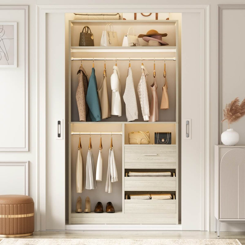Walk-in Closet System with 3 Wooden Drawers & 2 Hanging Rods, 36"L x 80"H x 16"W