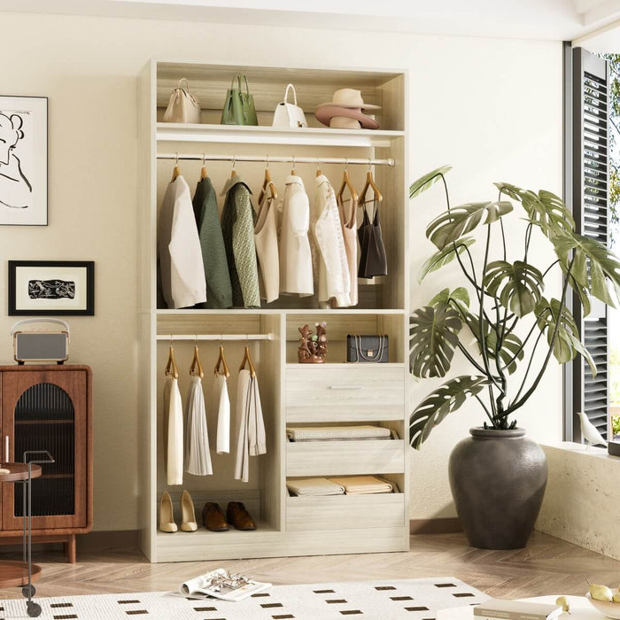 Walk-in Closet System with 3 Wooden Drawers & 2 Hanging Rods, 36"L x 80"H x 16"W