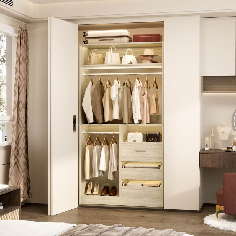 Walk-in Closet System with 3 Wooden Drawers & 2 Hanging Rods, 36"L x 80"H x 16"W