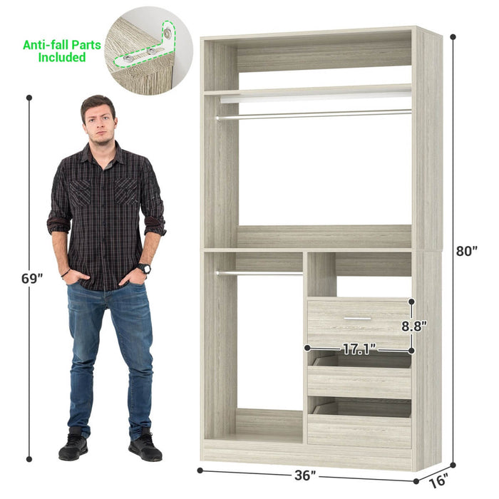 Walk-in Closet System with 3 Wooden Drawers & 2 Hanging Rods, 36"L x 80"H x 16"W