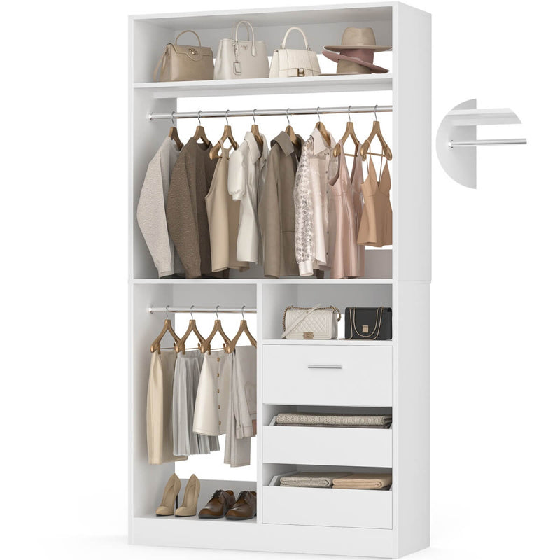 Walk-in Closet System with 3 Wooden Drawers & 2 Hanging Rods, 36"L x 80"H x 16"W