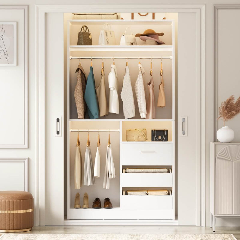 Walk-in Closet System with 3 Wooden Drawers & 2 Hanging Rods, 36"L x 80"H x 16"W