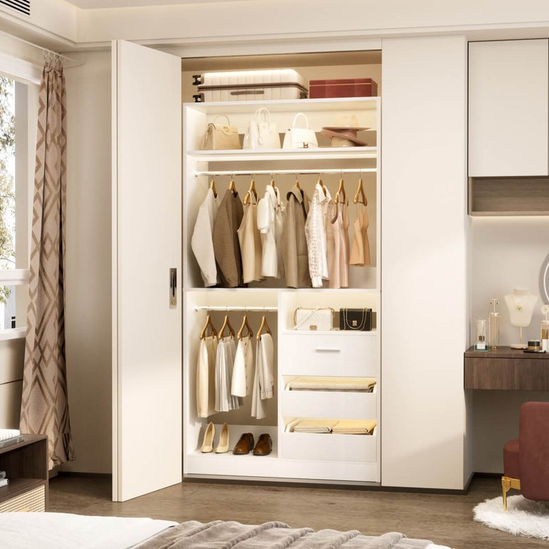 Walk-in Closet System with 3 Wooden Drawers & 2 Hanging Rods, 36"L x 80"H x 16"W