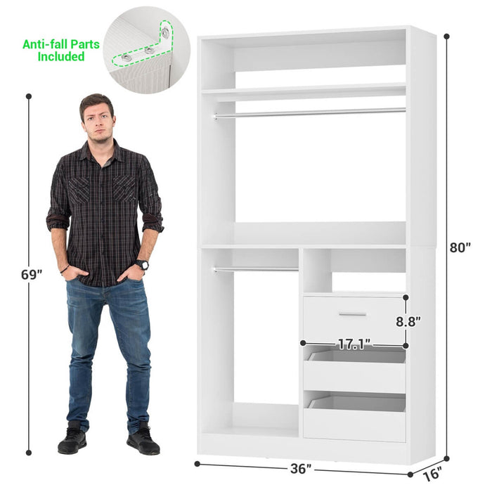 Walk-in Closet System with 3 Wooden Drawers & 2 Hanging Rods, 36"L x 80"H x 16"W