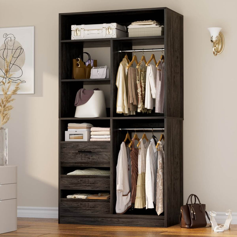 36'' Walk in Closet System with 3 Drawers, Hanging Rod & Storage Shelves, for Bedroom & Closets