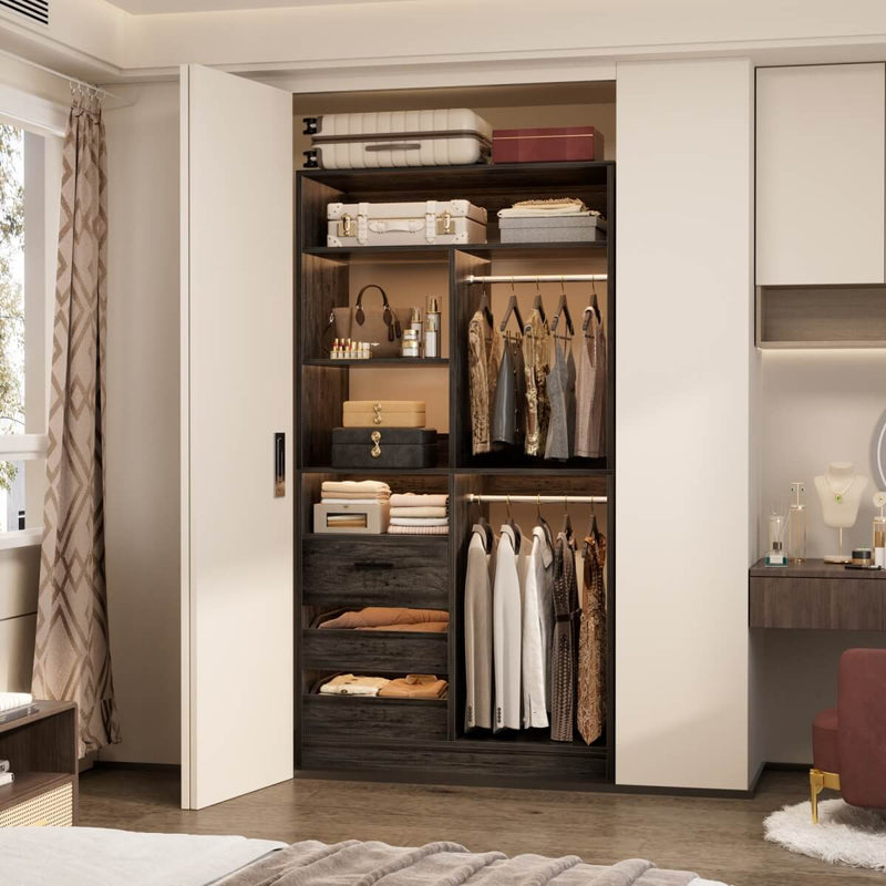 36'' Walk in Closet System with 3 Drawers, Hanging Rod & Storage Shelves, for Bedroom & Closets