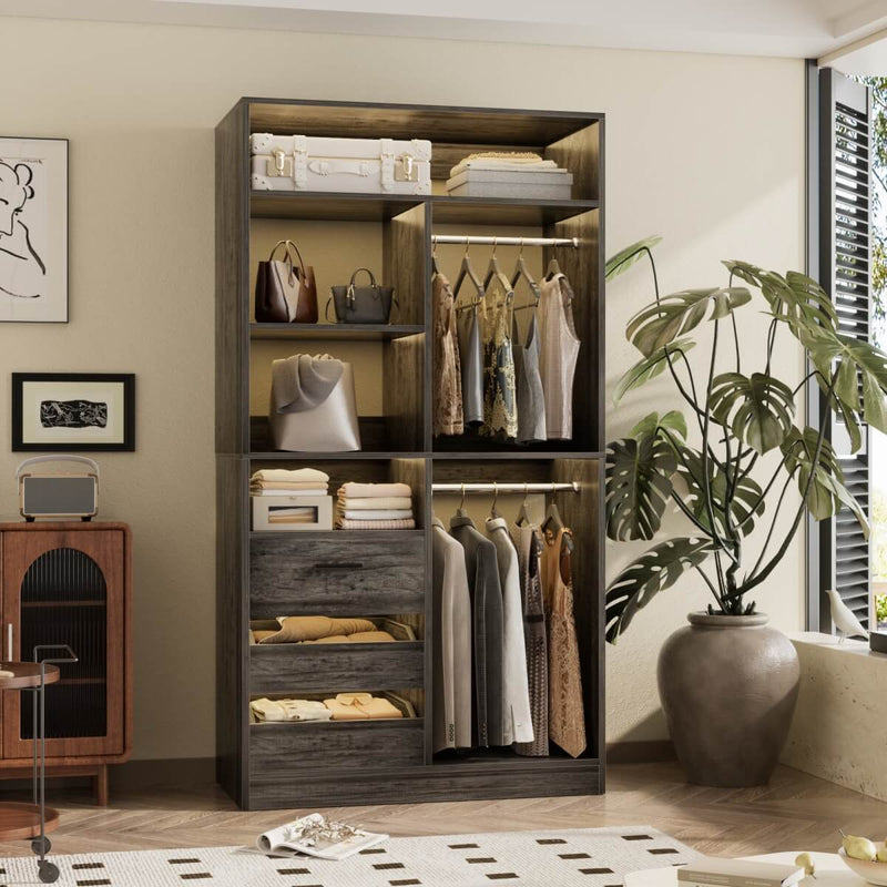 36'' Walk in Closet System with 3 Drawers, Hanging Rod & Storage Shelves, for Bedroom & Closets