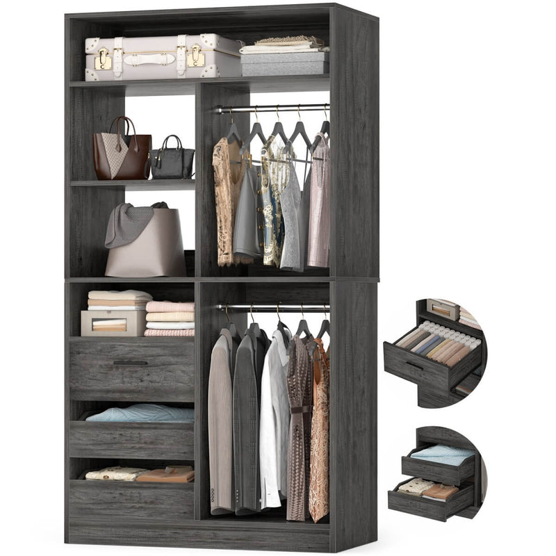 36'' Walk in Closet System with 3 Drawers, Hanging Rod & Storage Shelves, for Bedroom & Closets