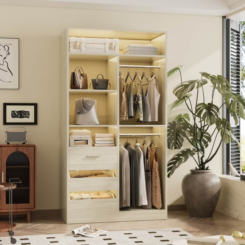 36'' Walk in Closet System with 3 Drawers, Hanging Rod & Storage Shelves, for Bedroom & Closets