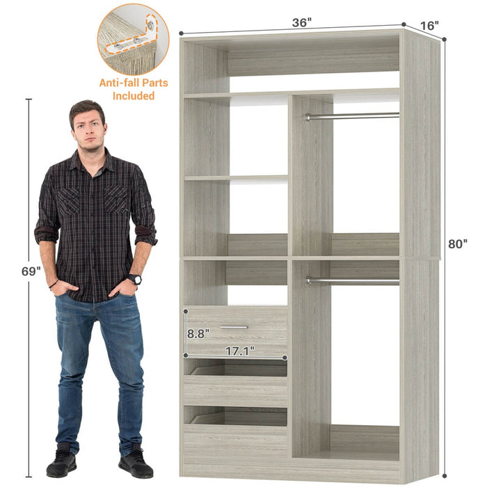 36'' Walk in Closet System with 3 Drawers, Hanging Rod & Storage Shelves, for Bedroom & Closets